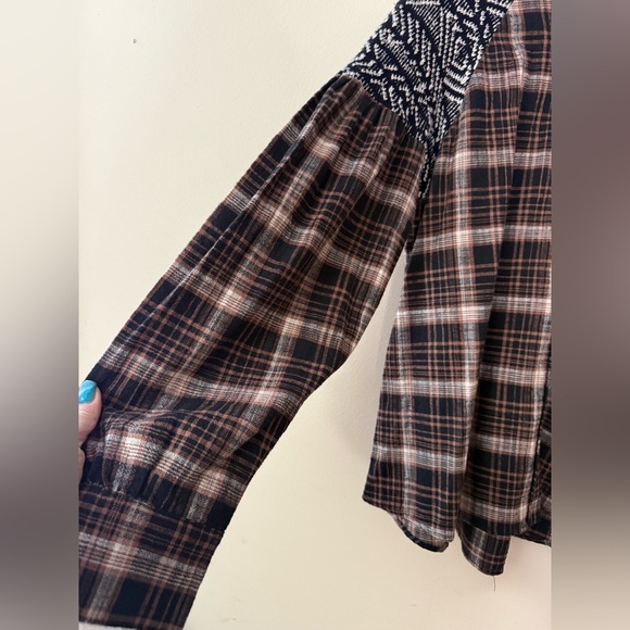 Free People Fireside Nights Button Down Shirt, Brown/Black/White, Medium - Picture 6 of 14